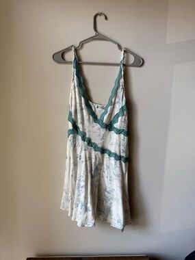 Free People Cream Top with Teal Lace Trim